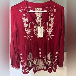 Johnny Was Bishop Sleeve Blouse Burgundy Embroidered Odette Small Retails $298!